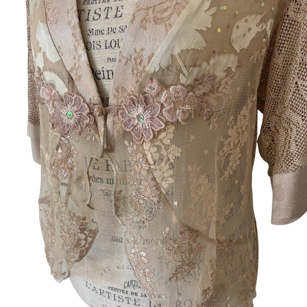 Spencer Alexis Vintage Floral Goldtone Lace Kimono Jacket Frog Closure Size L - Picture 2 of 8